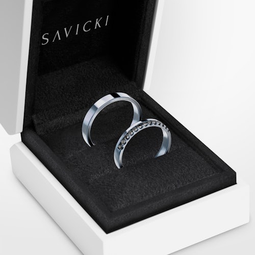 Obrączki Dream: białe złoto, czarne diamenty, płaskie, 3 mm